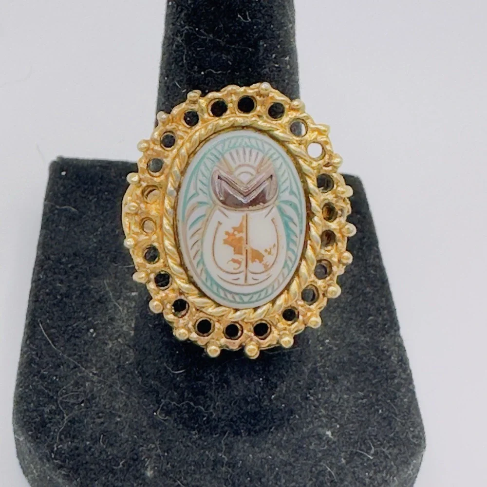 Vintage Egyptian Revival Scarab Ring Gold Tone Adjustable Size 7